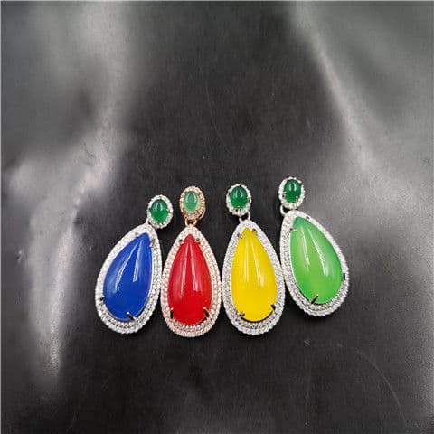 925 Silver Inlaid Green Chalcedony Water Drop Pendant Women's Diamond Ice Red Agate Water Drop Pendant Jade Pendant