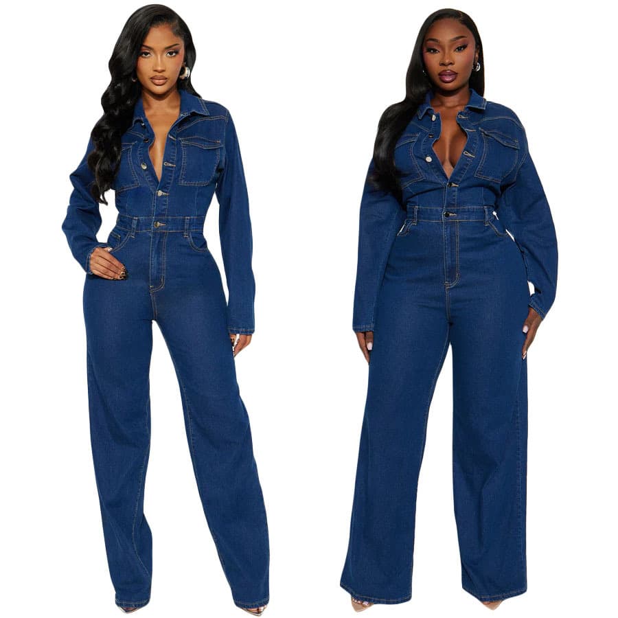 3587 Trade European and American Cross-Border Amazon Slim Stretch Flared Washed Long-Sleeve Denim Jumpsuit