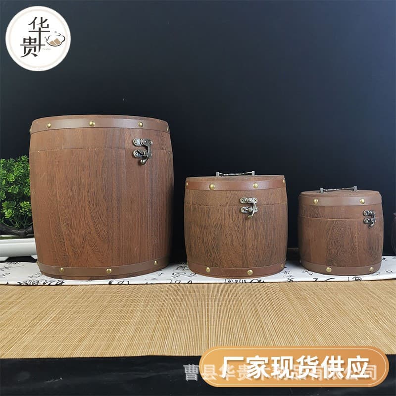 New Chinese Style Retro Lockable Charred Wood Tea Barrel Round Wooden Container for Jin Jun Mei Tea and Pu-erh Cake Box