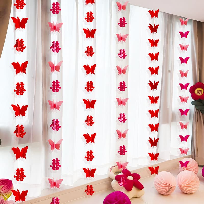 Butterfly and Double Happiness String Decorations for 3D Wedding Room Decoration, Engagement Scene, New Living Room Curtains, Window Sill, Wedding Supplies