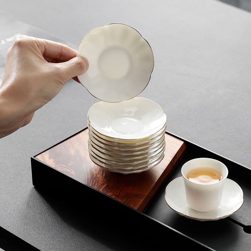Ceramic Kung Fu Tea Cup Saucer, Cream Jade Porcelain Cup Plate, White Porcelain Kung Fu Tea Accessories Cup Holder, Heat Insulation Pad