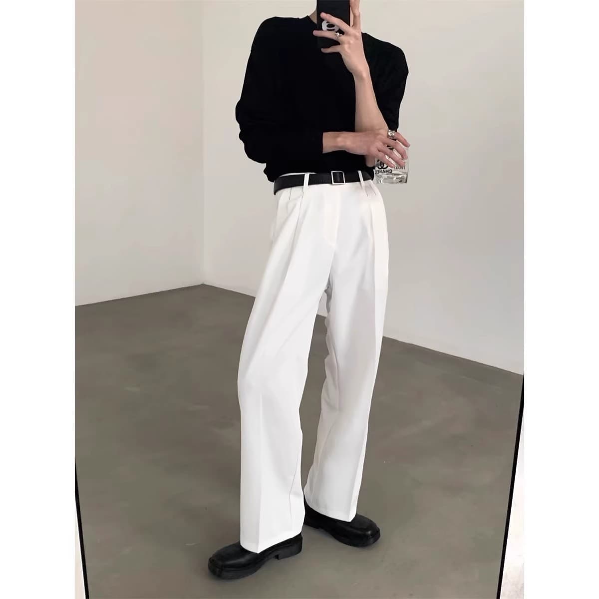 Autumn Premium White Pants Men Drape Trendy Loose Dress Pants High Street Wide Leg Draped Casual Straight Pants