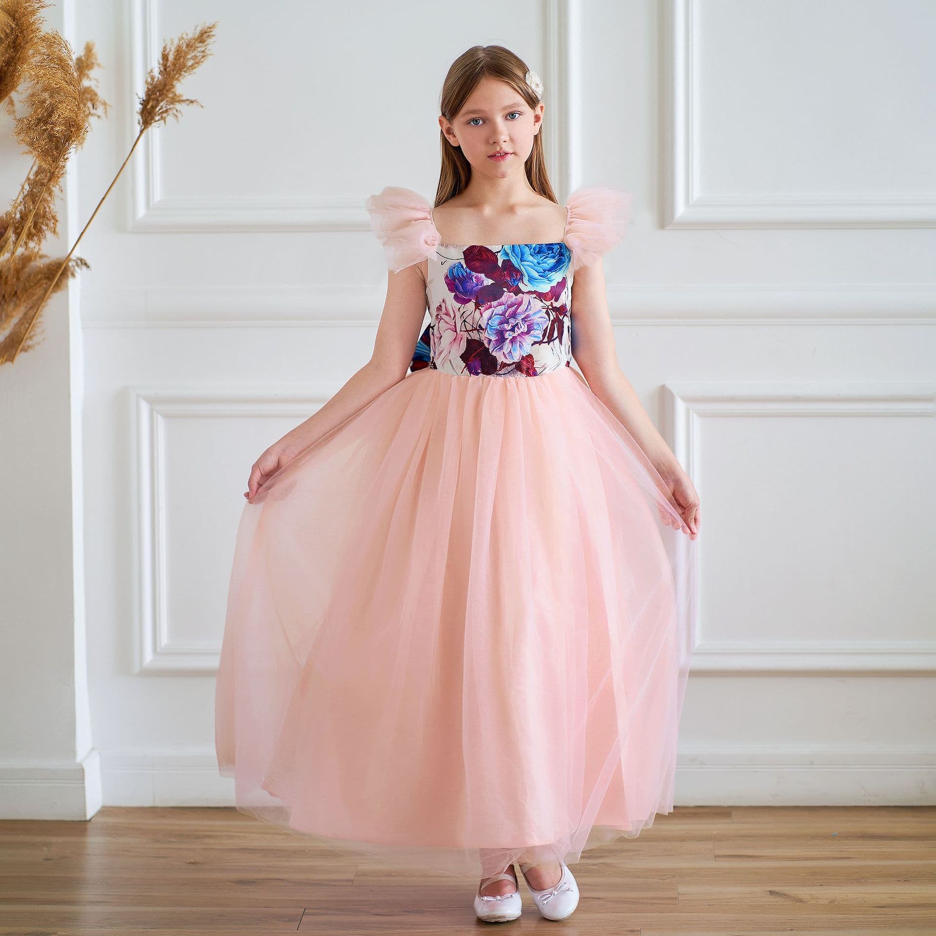 Wholesale New Pink Printed Large Butterfly Girls Dress Host Flower Girl Tutu Wedding Princess Gown