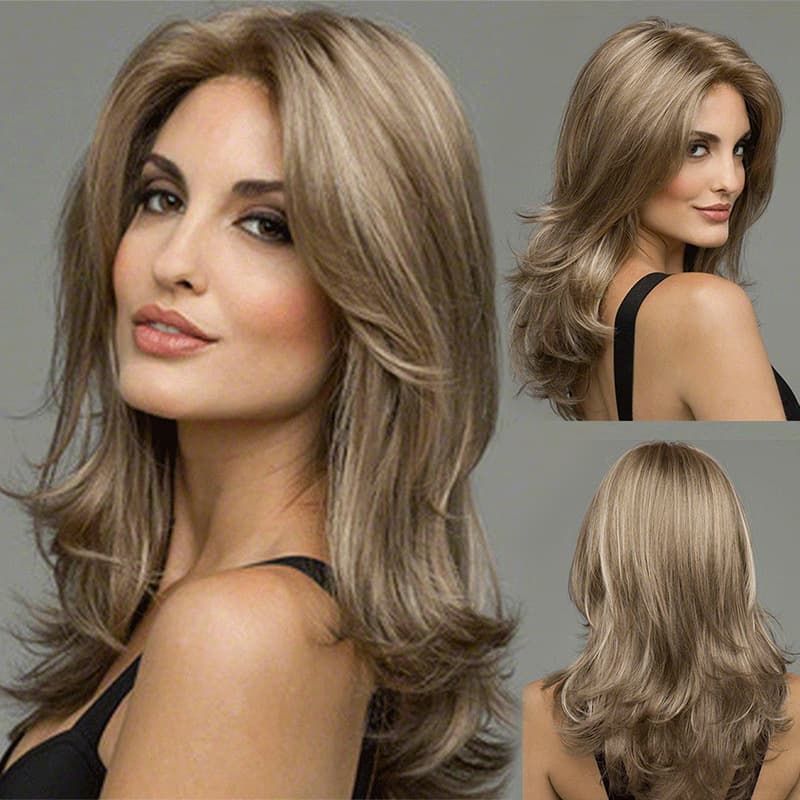 Fashionable Wavy Medium-Long Curly Wig for European and American Market, Realistic High-Temperature Synthetic Fiber, Center-Part Curly Wig