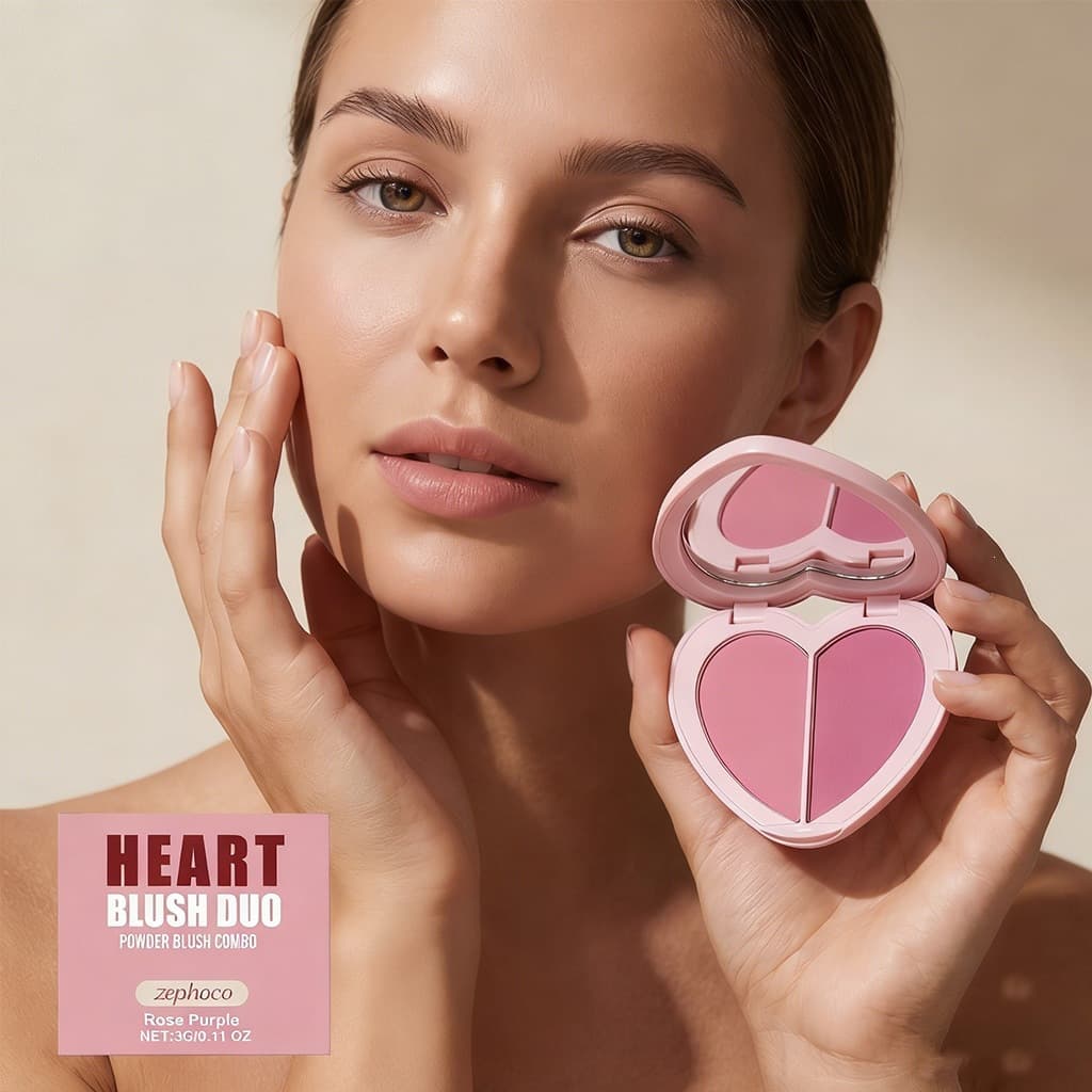 zephoco Heart-Shaped Dual-Color Blush (Rose Purple) Highly Pigmented Blendable Everyday Rosy Glow Makeup Blush