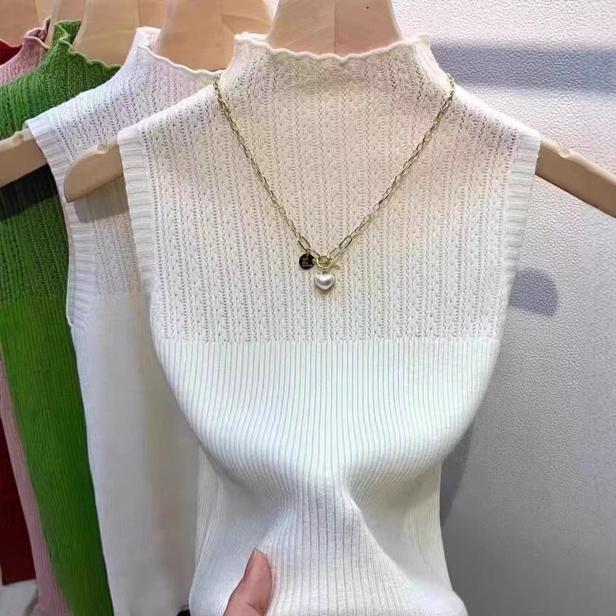 Retro Style Core-spun Yarn Simple Slim Fit Semi-high Neck Ribbed Slimming Vest Summer New Knitted Sleeveless Top