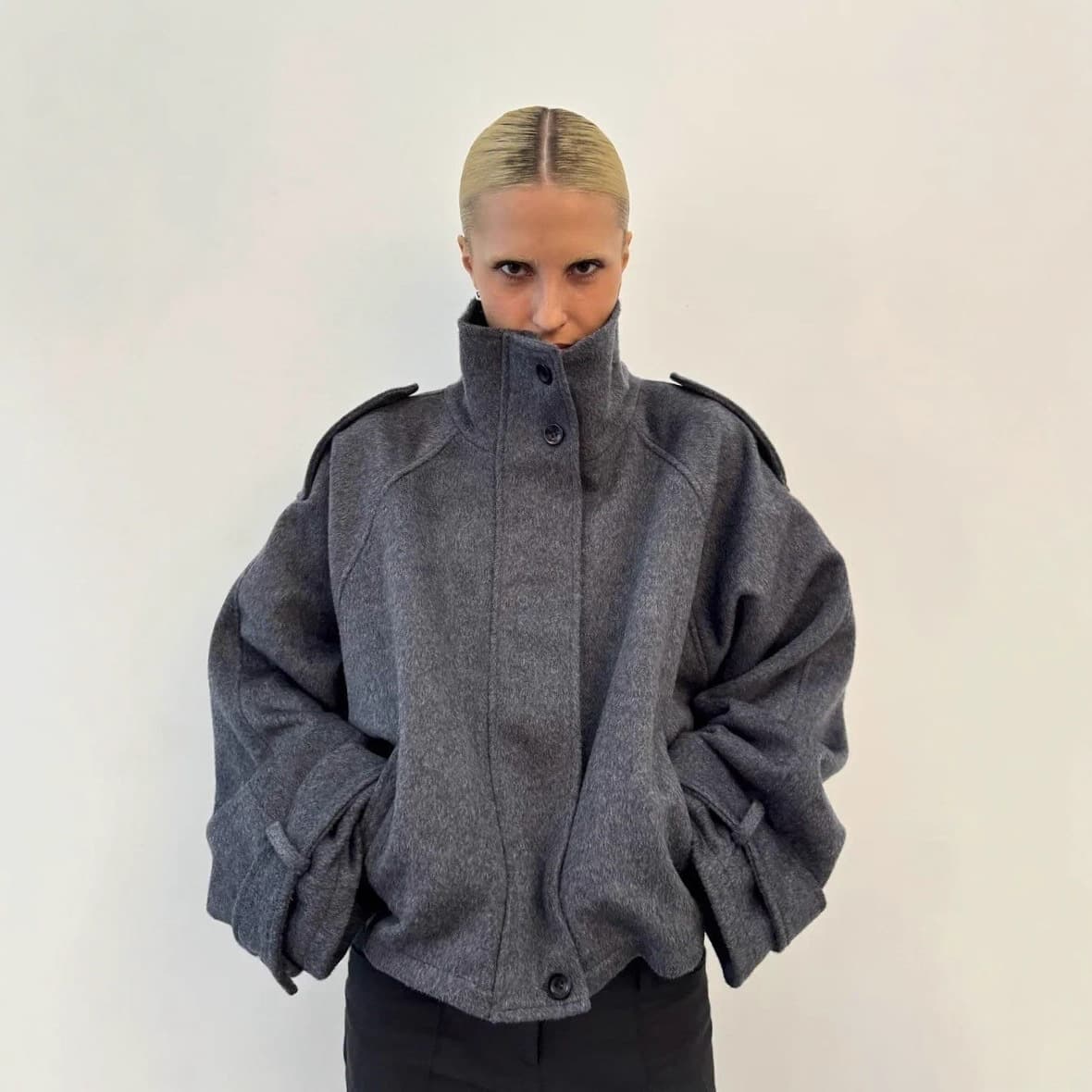Cross-border European and American high-quality elegant gray stand-collar wool coat for women, autumn and winter loose casual jacket