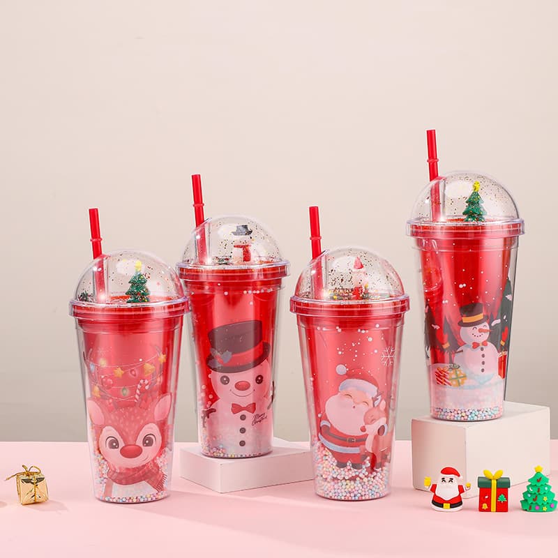 Korean version of cartoon fruit double-layer plastic cup straw watermelon strawberry ice cream milk tea cup girl college gift