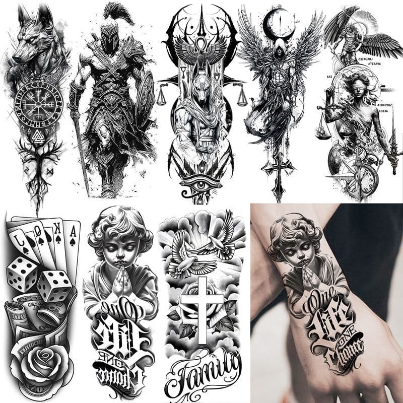 New Cross-Border European and American Black and White Realistic Warrior Samurai Hand Back Water Transfer Tattoo Stickers Amazon Tattoos