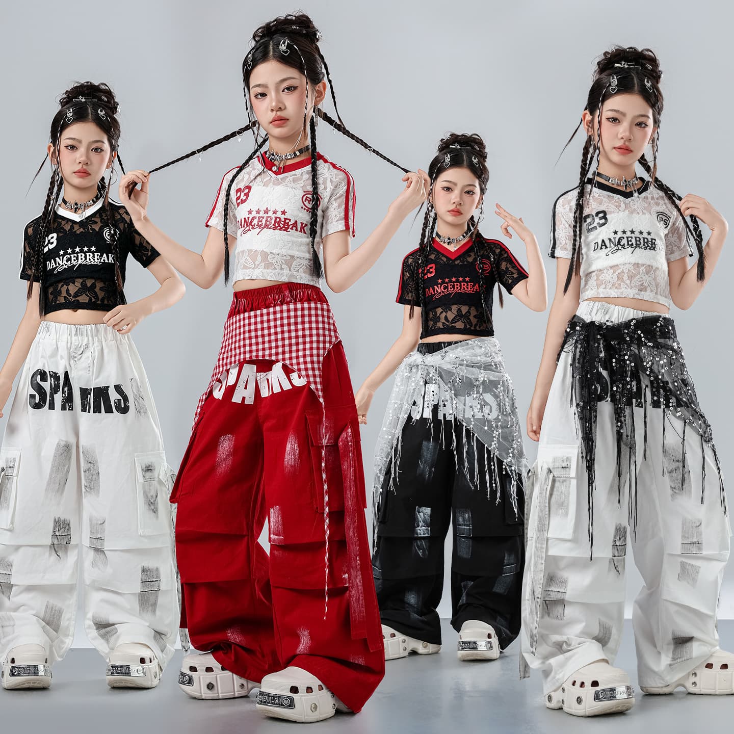 Girls Jazz Dance Performance Costumes Children's Hip-Hop Street Dance Suits Women's Group Sweet Cool Lace Short Sleeve Dance Practice Suits Trendy