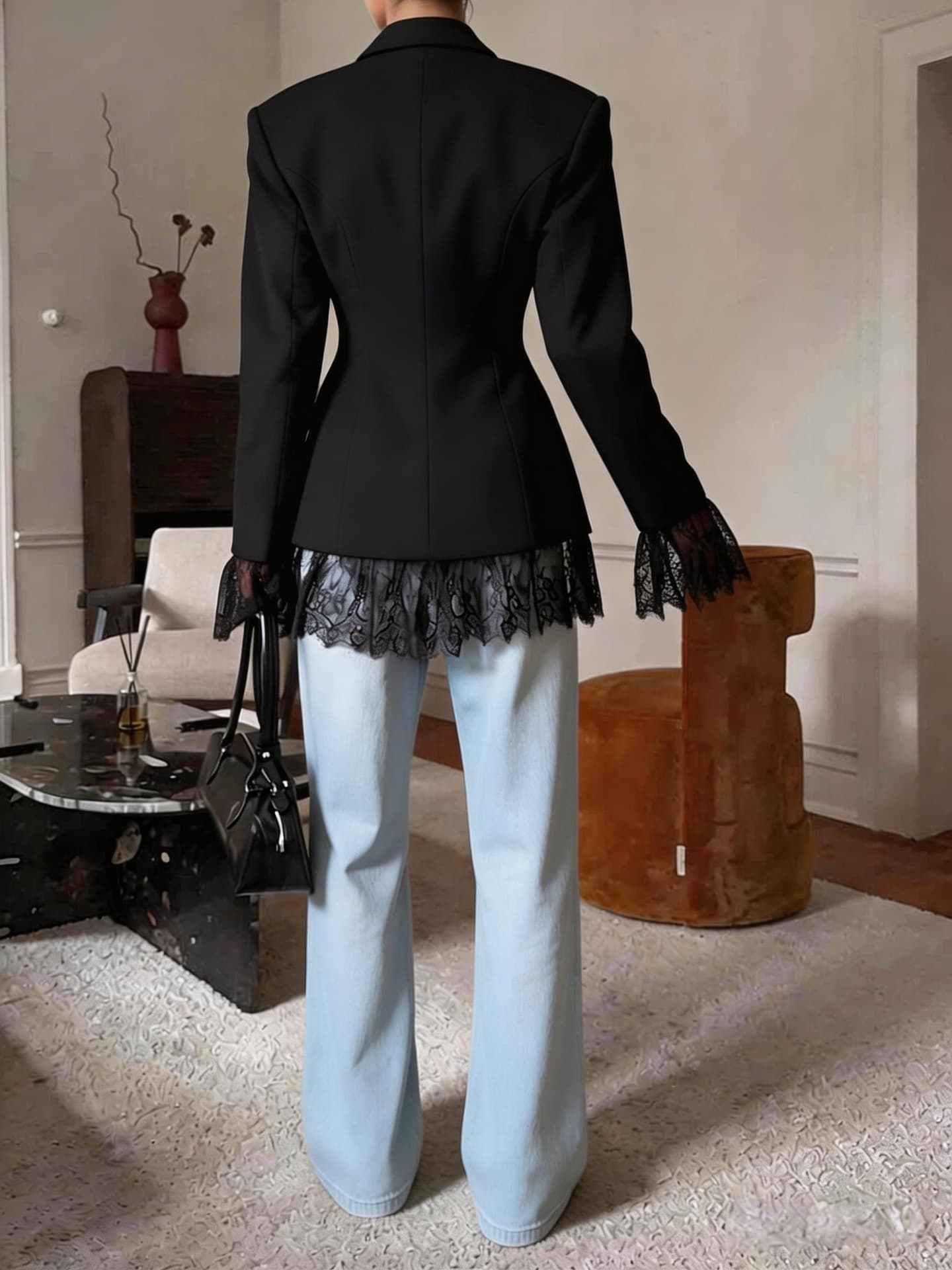 Elegant Black Blazer for Women with Unique Design, Spring Versatile Waist-Nipped Long Sleeve with Lace Trim