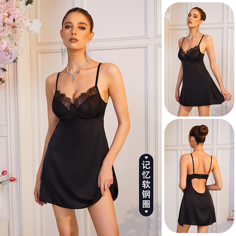 Light Luxury Satin Lace Camisole Nightgown with Memory Foam Underwire, Backless, Sexy Pure Desire Style, Home Date Nightwear 8163