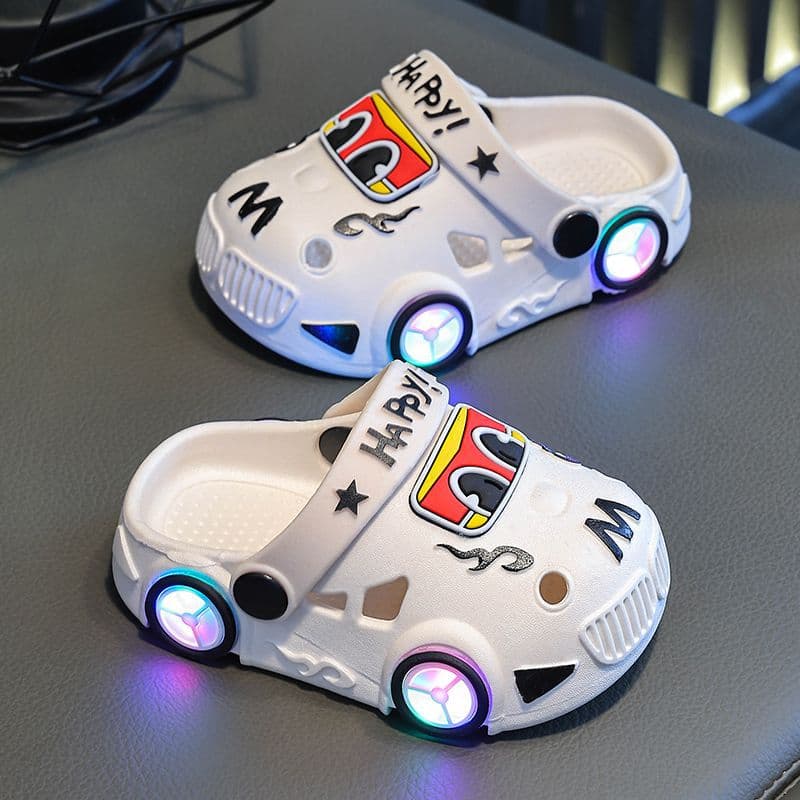 Children's Summer Slippers, Boys' Car Pattern, Light-Up, Anti-Slip Soft Sole, Toddler Kids Bathroom Beach Sandals