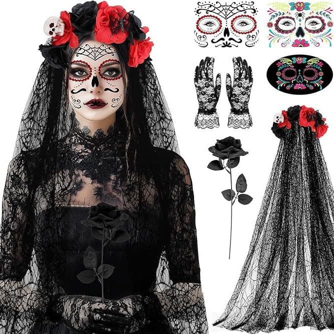 Halloween Day of the Dead Ghost Bride Suit Skull Rose Veil Lace Gloves Face Sticker Black Rose Cos Dress Up