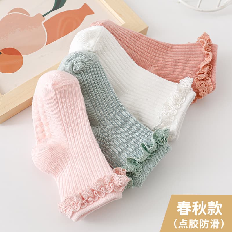 2023 Infant 0-3 Years Old Non-Slip Floor Socks Solid Color Children's Mid-Calf Socks Baby Socks Lace INS Popular Socks