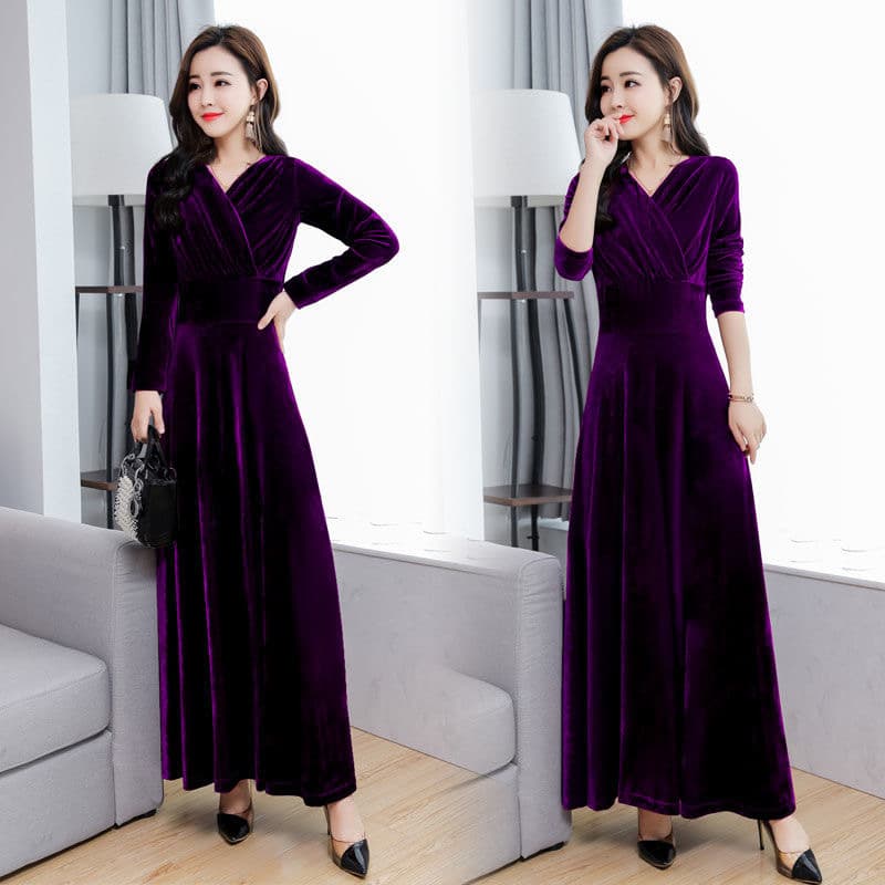 Elegant Long Sleeve Velvet Dress Women's Fashion Slim Fit Maxi Skirt V Neck Princess Sleeve Full Length Autumn Winter New Arriva