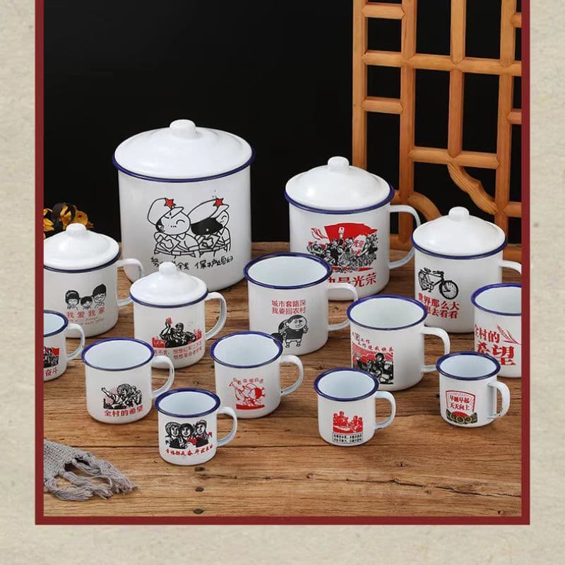 Double Enamel Retro Enamel Cup Thickened with Lid Nostalgic Tea Mug Large Capacity Chinese Trend Creative Cup