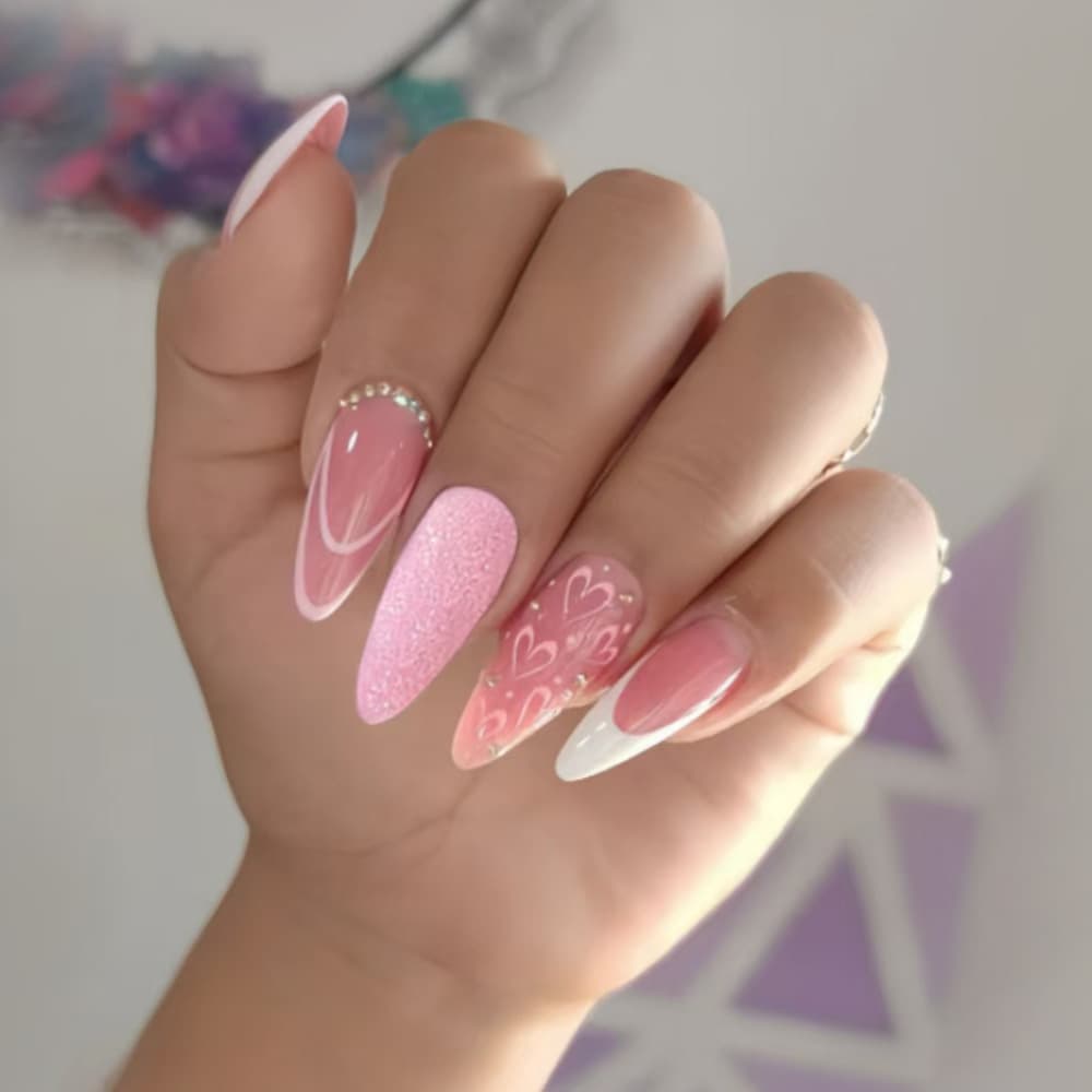 Cross-Border Hot-Selling White French Pink Striped Heart 3D Rhinestone Design Pink Glitter Wearable Nails Valentine's Day Edition