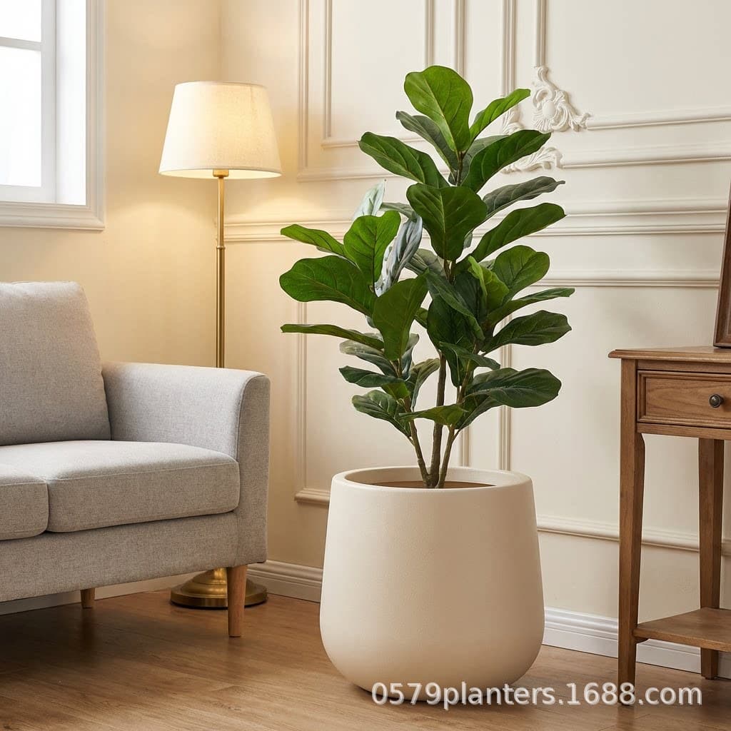 Cross-border Label Large Floor Flower Pot Imitation Ceramic Large Decorative Flower Pot Beige Egg-shaped Artificial Plant Pot