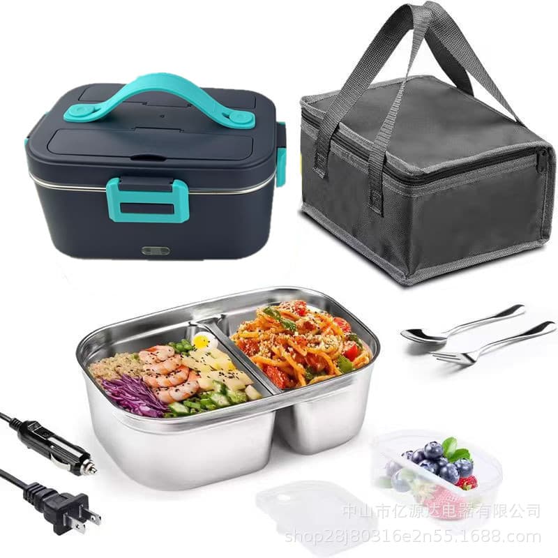 Wholesale double-compartment electric lunch box, portable for home and car use, water-free, heats and keeps food warm, gift set.