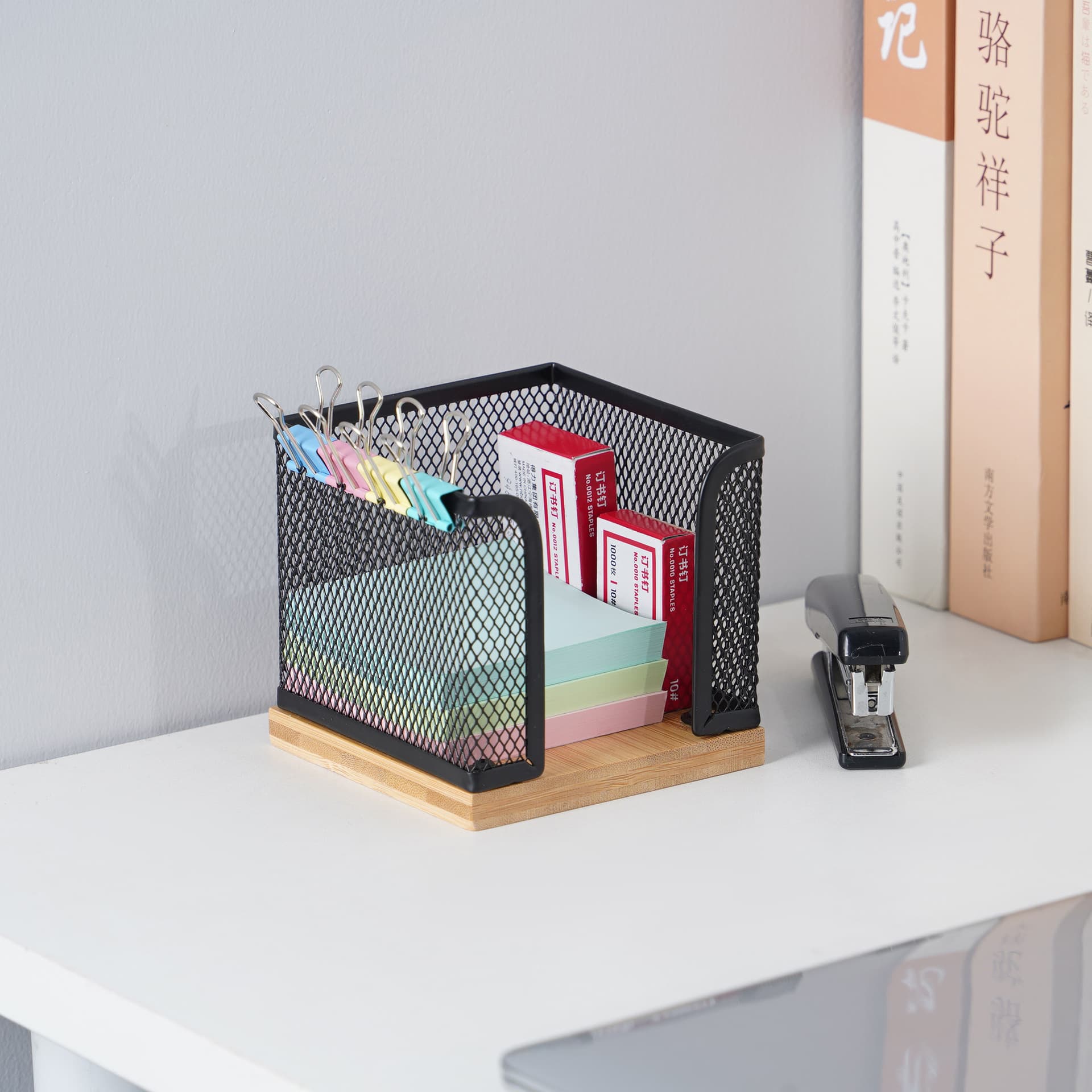 Wire mesh multi-functional storage box for office supplies, student desktop sticky note holder and notebook stand