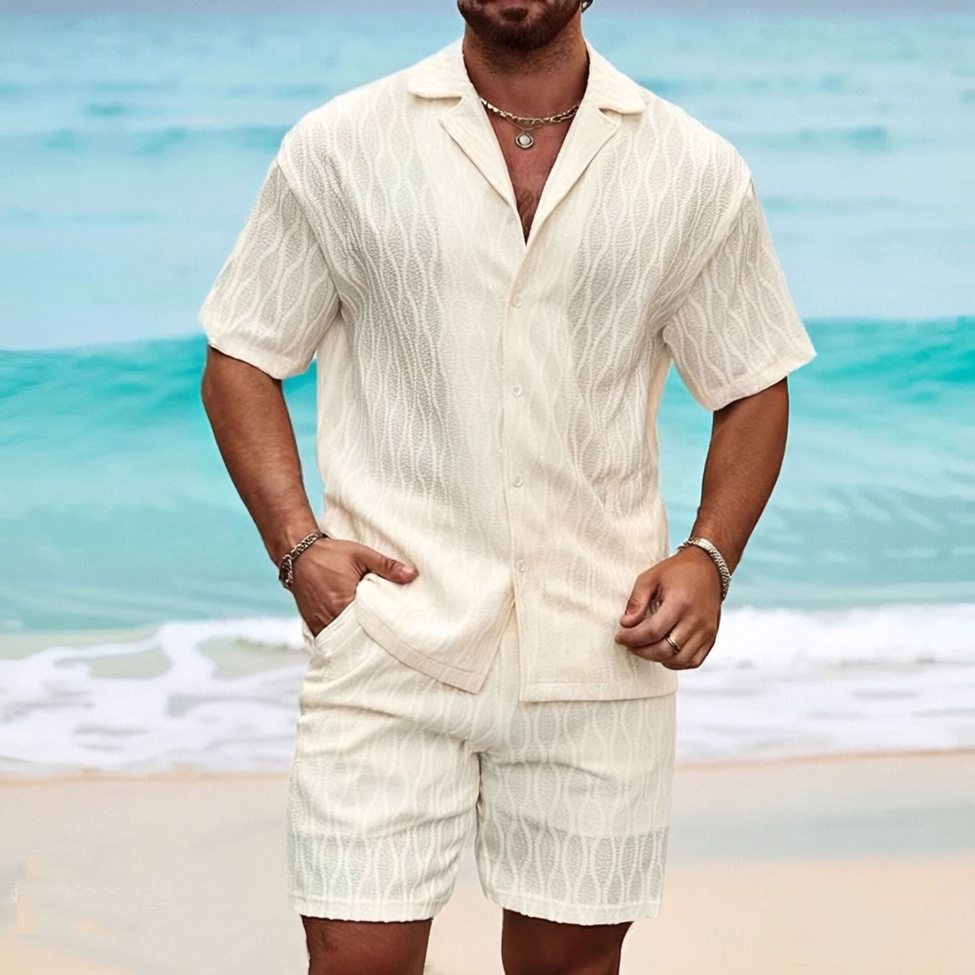 2025 cross-border European and American summer new men's sports suit casual solid color shirt and shorts two-piece suit