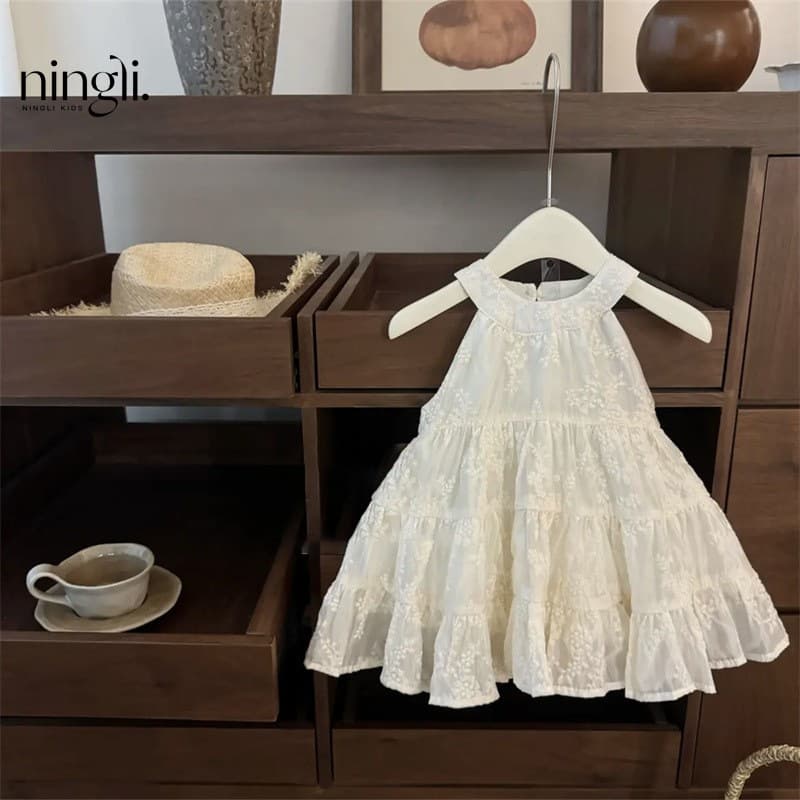 Ningli Premium Girls 2026 Summer Style White Strap Vacation Midi Slip Dress for Little Girls