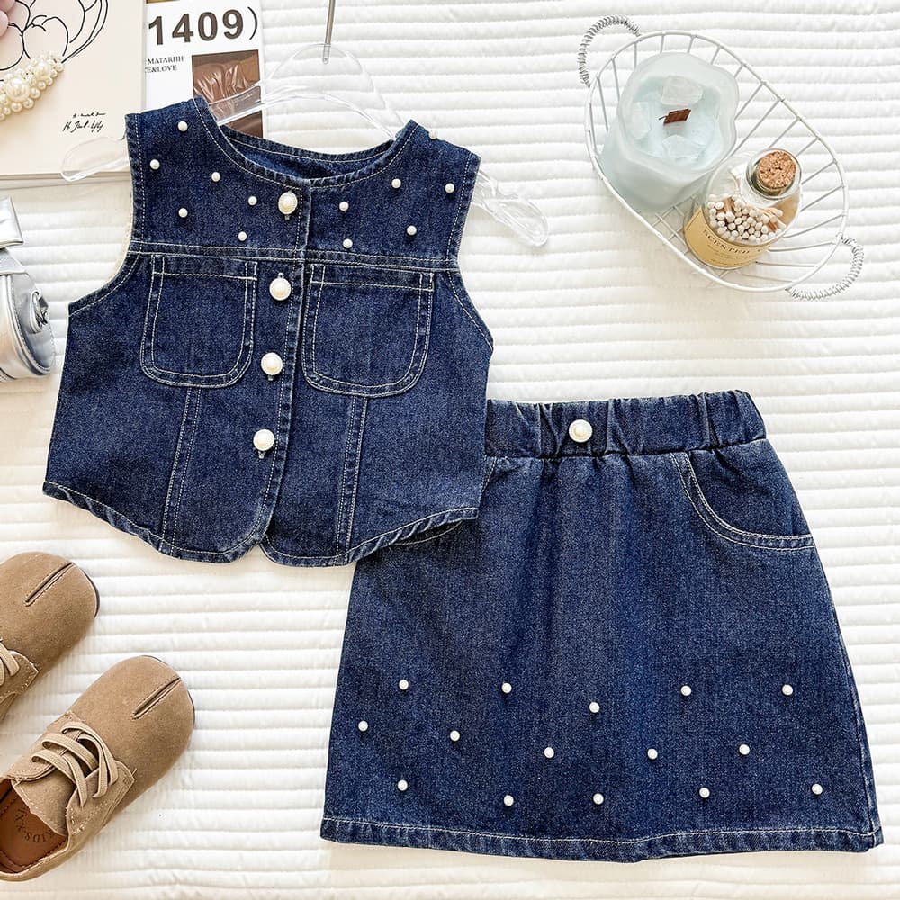 Girls Thin Denim Suits 2026 Summer New Children's Beaded Denim Vest Tops and Skirts Two-piece Set