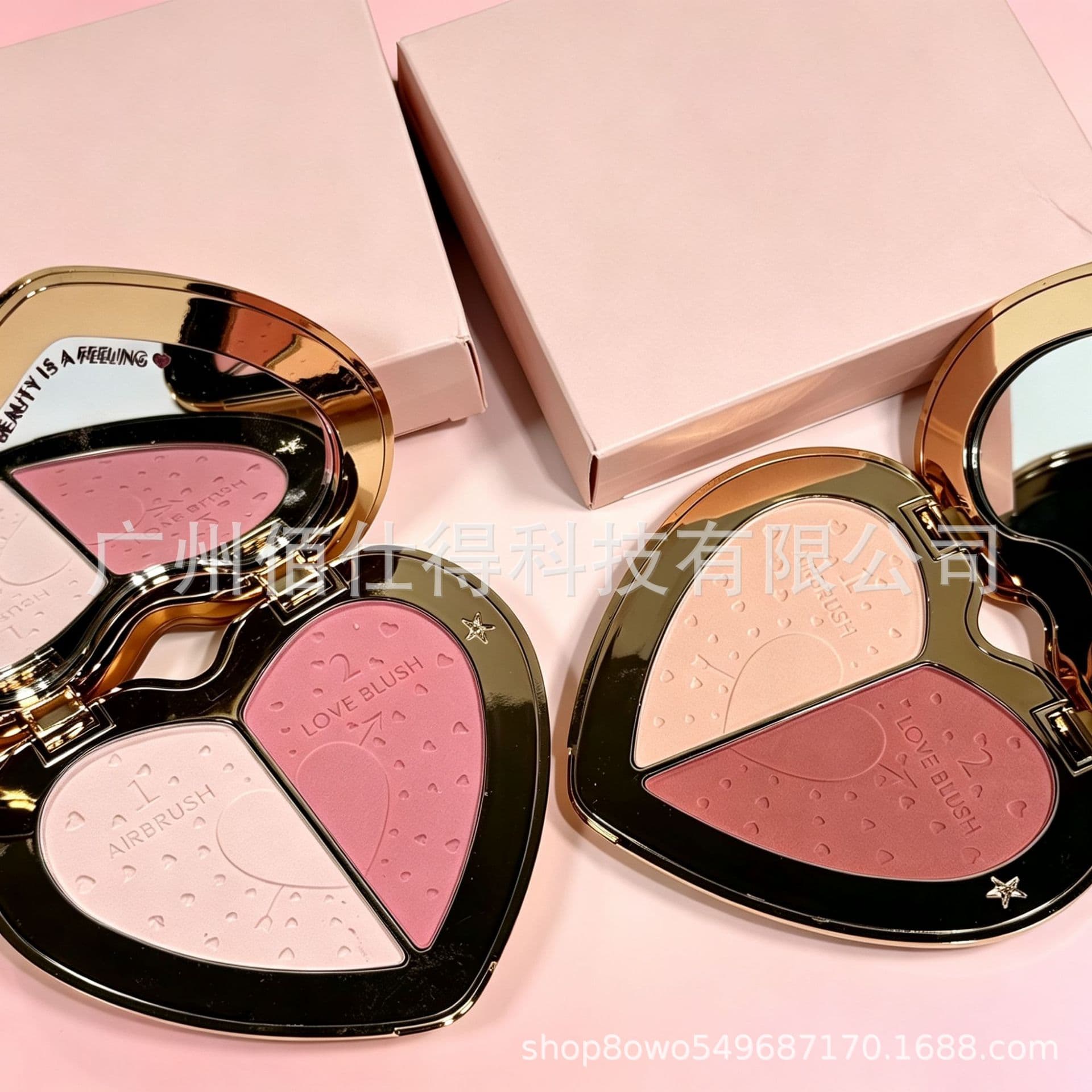 Cross-border In Stock CT Flawless Luminous Heart Dual-Color Blush Palette Pink/Peach Two-Tone Rose Pink Gem Box