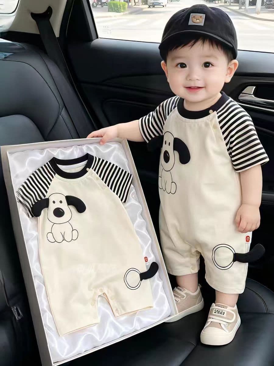 [Premium Kids Clothing] Boys Striped Sleeve Breathable Pure Cotton Summer Short Sleeve Bodysuit Baby Girl Stylish Romper Crawling Suit