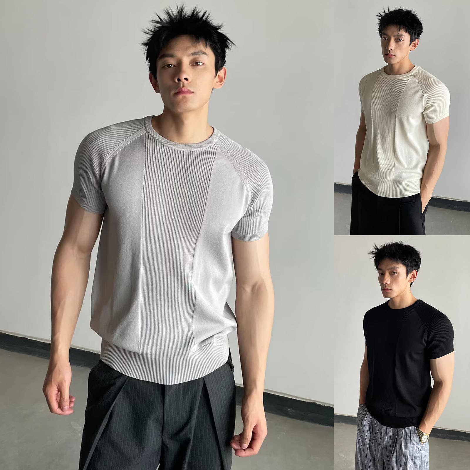 Short Sleeve Knit T-Shirt for Men Striped Texture Old Money Style Business Slim Fit Ice Silk T-Shirt Summer Cross-Border Factory Wholesale