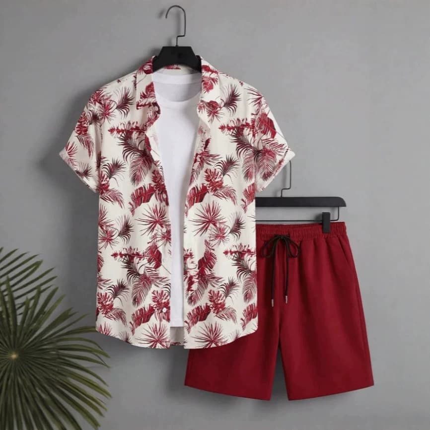 2026 Summer New Men's Beach Style Casual Simple Short Sleeve Shirt Set Printed Shirt + Shorts Two-Piece