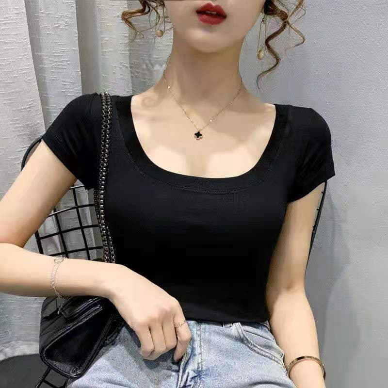 Low Neck Short Sleeve T-Shirt for Women 2026 Spring/Summer Style Fitted Vest Short Sleeve Slimming Inner Top Form-Fitting Cropped Base Layer