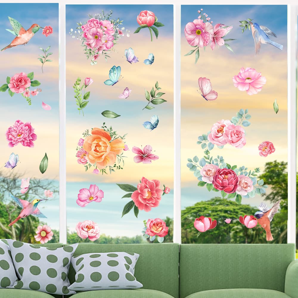 Cross-border Window Stickers, Spring Theme with Flowers, Birds, and Butterflies, Static Cling for Glass Doors and Shop Windows as Anti-Collision Decals
