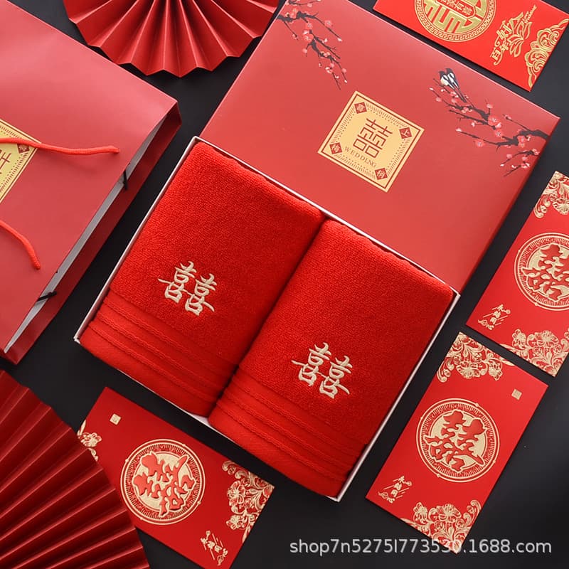Wedding "Xi" Character Pure Cotton Red Towel - Absorbent and Soft, Practical Engagement/Wedding Favors Towel Gift Box Set