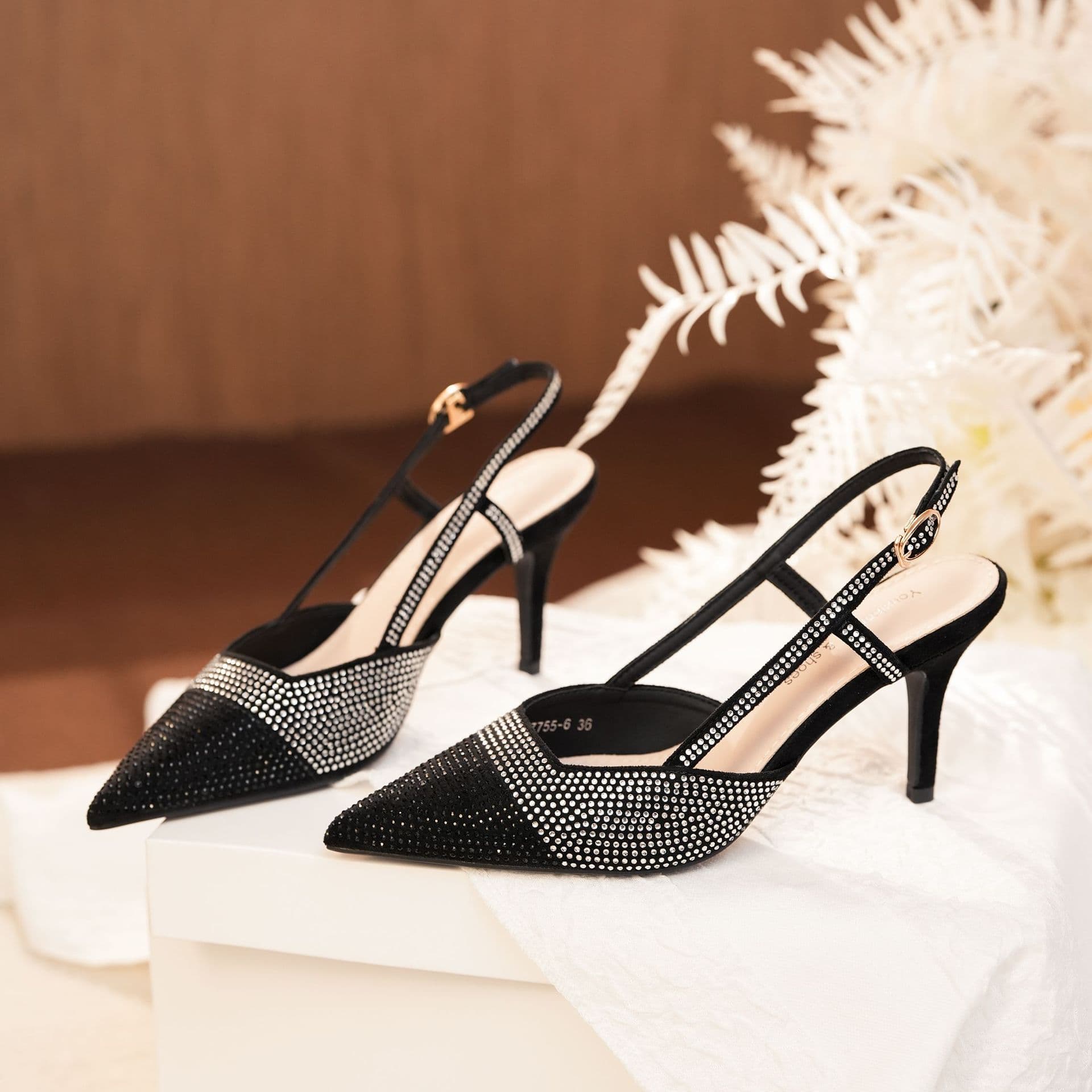 7755-6 diamond-attached root bag, front bag, empty back sandals, cool shiny high heels, stiletto heels, commuting professional party
