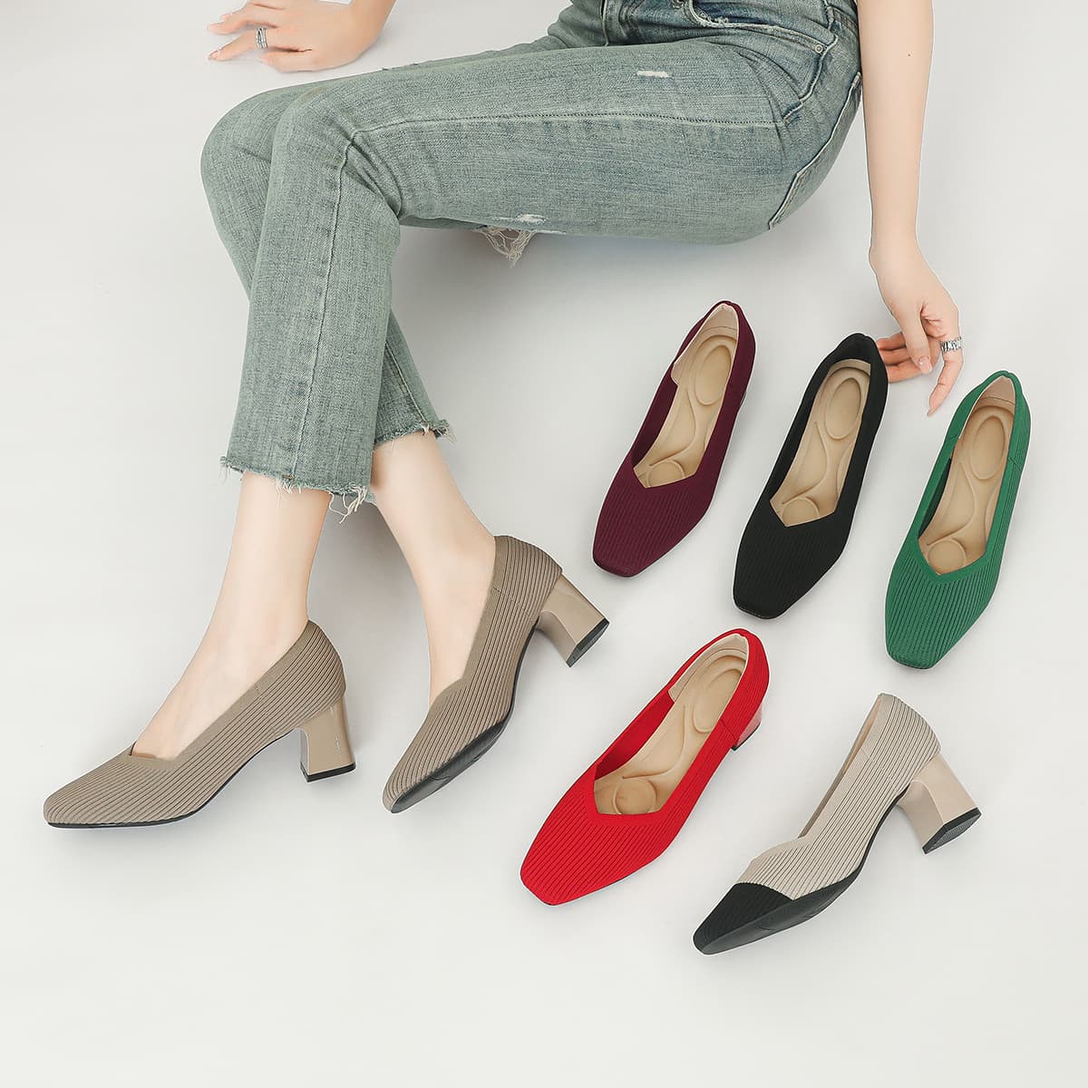Japanese princess single shoes women's square toe thick heel flying woven shoes comfortable and breathable commuting high heels breathable style comfortable and versatile