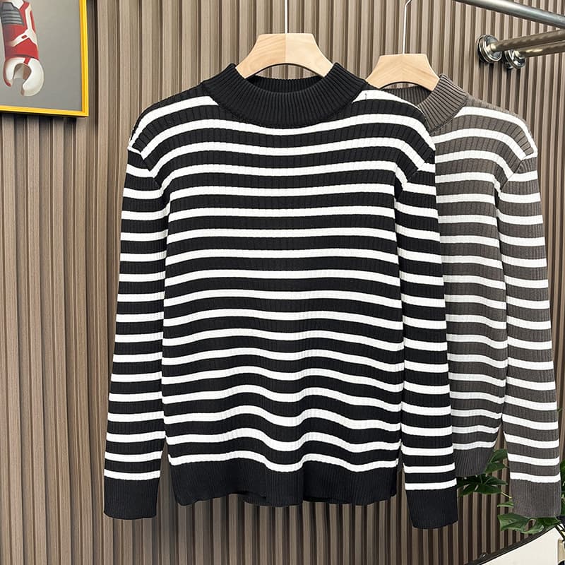 Half turtleneck striped knitted bottoming shirt for autumn and winter, slim fit mid-collar warm line clothes, trendy brand t-shirts for men and women