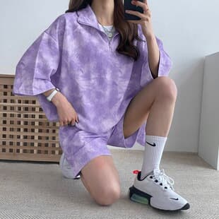 Korean Purple Tie-dye Print 2026 Zipper Shorts Women's Two-piece Set, Korean-style Sportswear Suit for Women Loose Fit