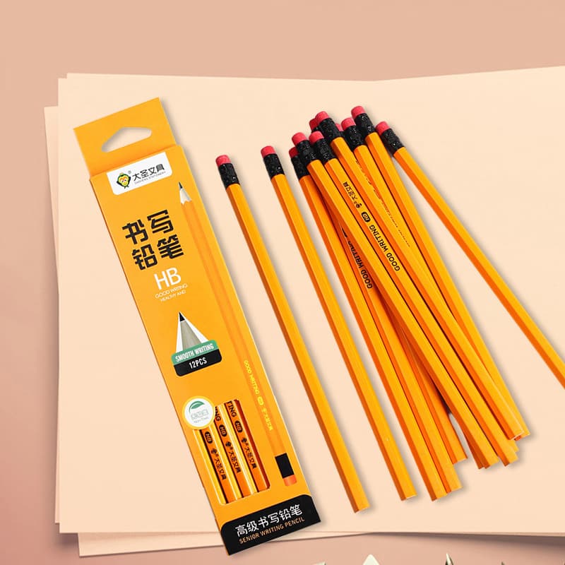 Boxed Pencils 12 Pieces Yellow Paint Basswood HB Primary School Students Writing Stationery with Rubber Refill Eraser