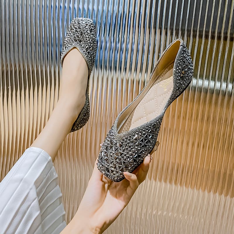 Women's Shoes 2023 New Rhinestone Flat Shoes Full Rhinestone Flat Shallow Mouth Fairy Evening Style Gentle Shoes Large Size Square Toe