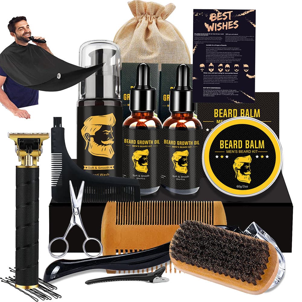 Beard Care Kit Double-Sided Beard Comb Brush Shaving Set Apron Beard Styling Comb Roller Growth Serum