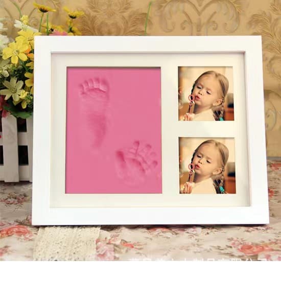 Wooden Baby Hand and Footprint Clay Picture Frame, Newborn Full Moon Keepsake, 100-Day Gift, Solid Wood Frame