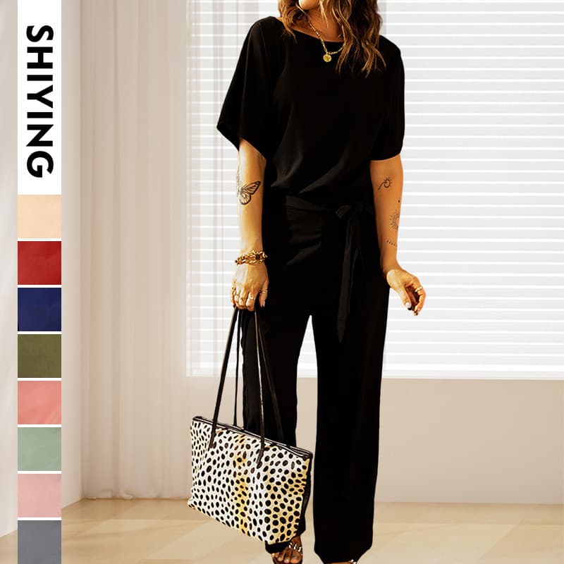 Trendy European and American Women's Solid Color Jumpsuit Set Summer New Solid Color Loose Waist Slimming Wide-Leg Jumpsuit