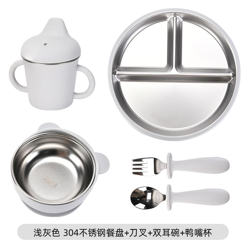 Cross-border Children's Complementary Food Tableware Bowl Baby Training Stainless Steel Plate Fork Spoon Duckbill Cup 6-Piece Set Mother and Baby Supplies