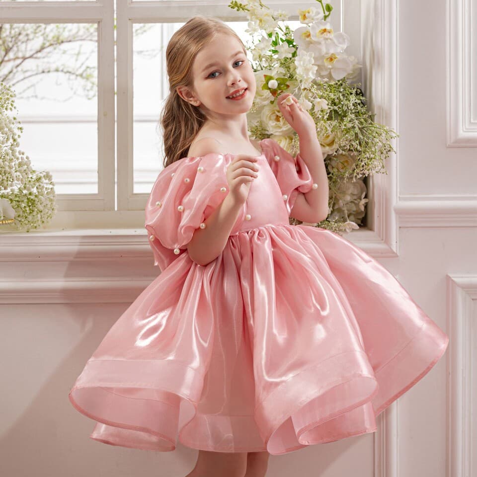 Cross-Border Foreign Trade Girl Birthday Party Off-Shoulder Princess Gown Flower Girl Wedding Dress Piano Host Performance Outfit
