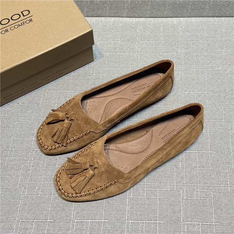 [Donald Duck] Full Cowhide Women's Shoes Export Cowhide Leather Square Toe Soft Sole Shoes Tassel Shallow Mouth Loafers