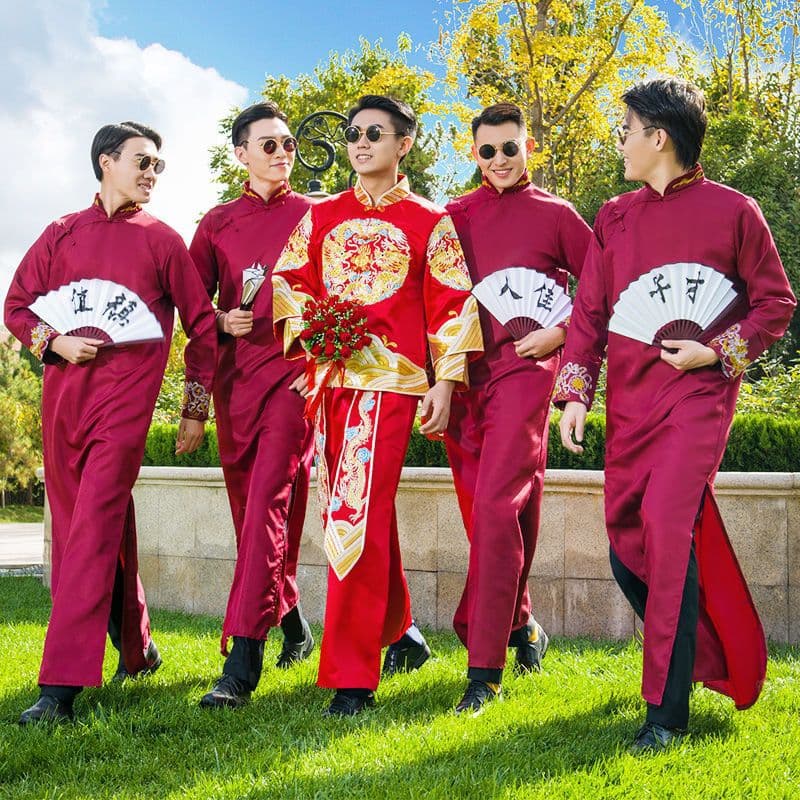 Chinese wedding attire, groomsmen's long gowns, robes, and gowns; Republic of China-style Tang suits; ancient costumes; crosstalk groomsmen's attire.