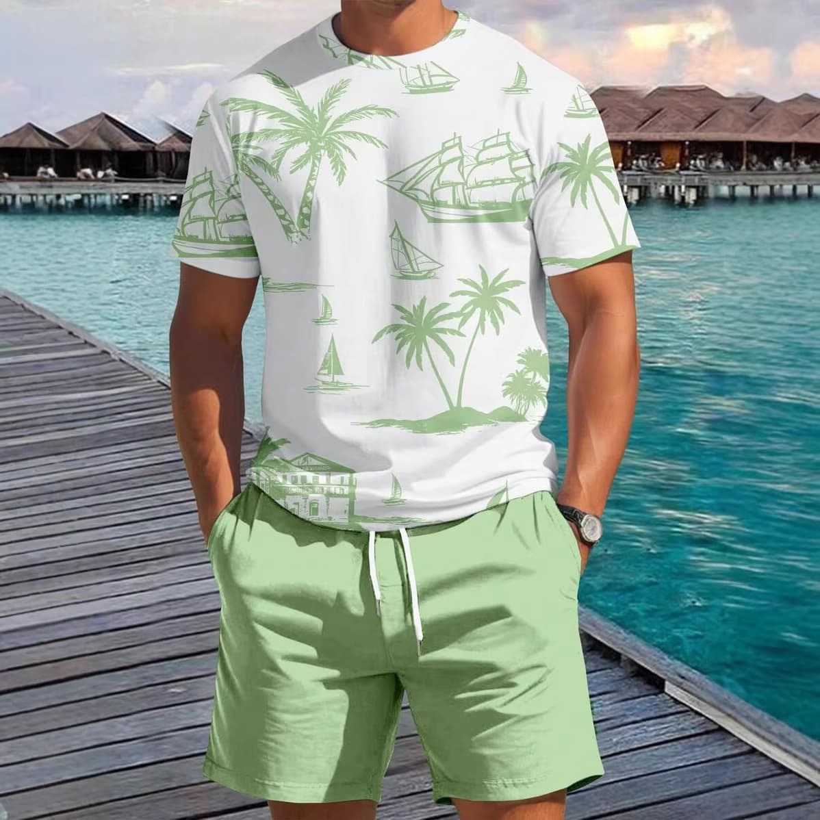 New Cross-Border European and American Fashion T-Shirt and Shorts Coconut Leaf Summer Street Loose Casual Hip Hop Set from Factory