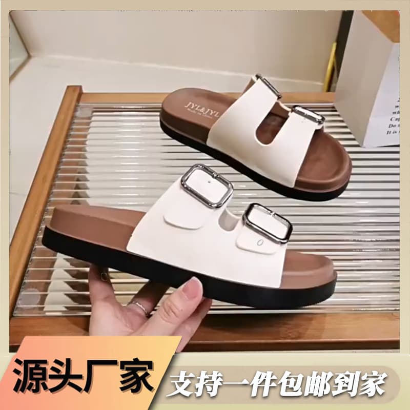Trendy Double-Buckle Leather Strap Sandals for Women, Summer Outdoor Thick-Sole Soft Cushioned Non-Slip Slippers, Versatile Retro Flat One-Bar Slides